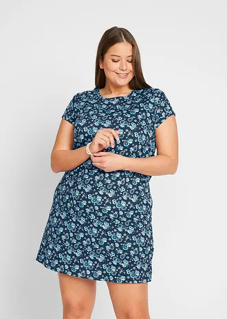 Shirtjurk van katoen met splitten opzij (set van 2), Kleur: donkerblauw gebloemd+effen Caraïbisch blauw