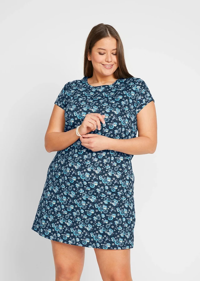 Lot de 2 robes en jersey 100% coton, fentes latérales, Couleur: bleu foncé floral + bleu caraïbes uni