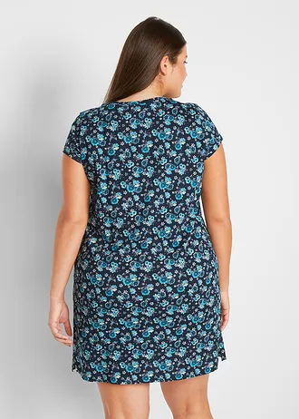 Lot de 2 robes en jersey 100% coton, fentes latérales, Couleur: bleu foncé floral + bleu caraïbes uni