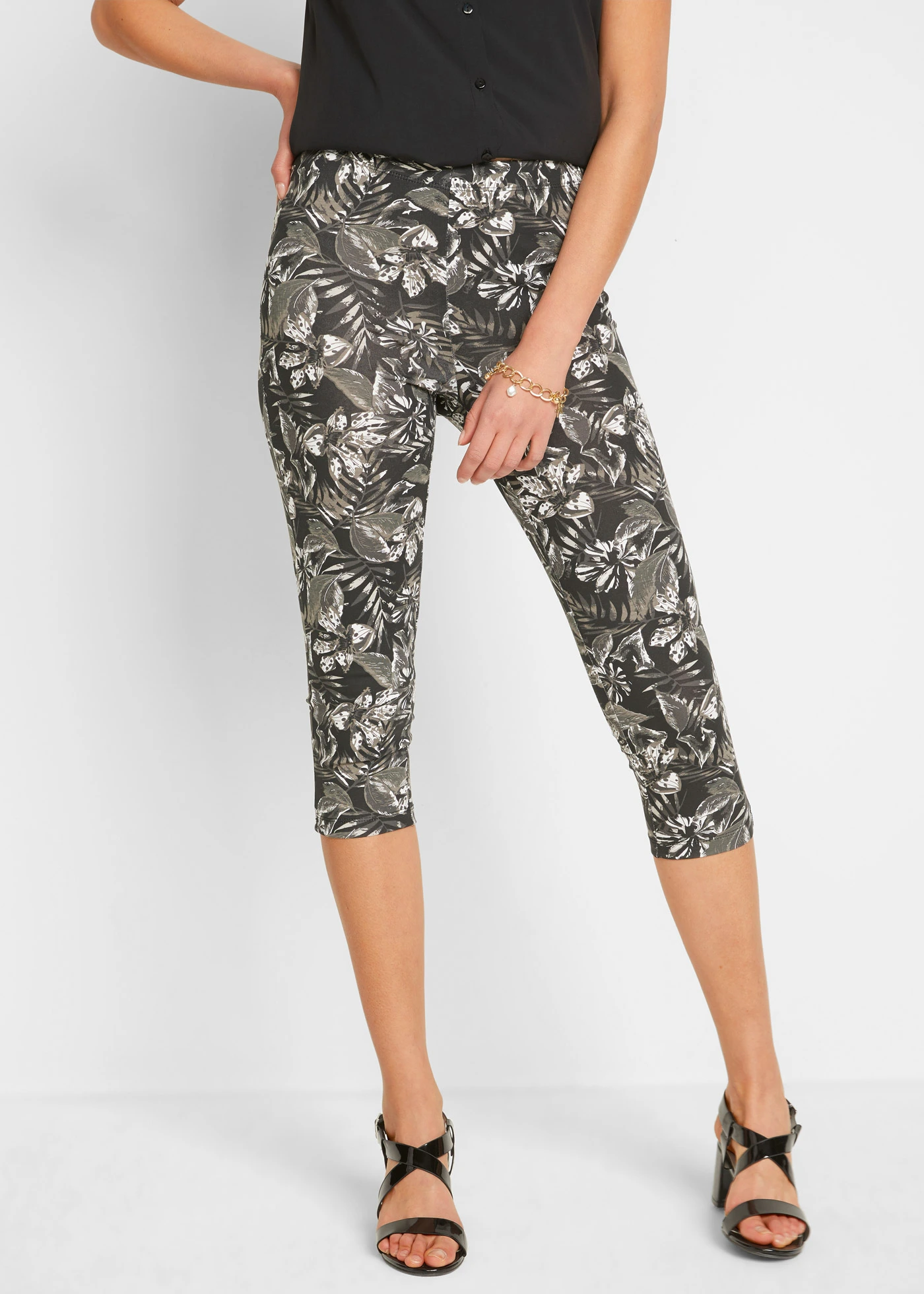 Legging 3/4 en coton extensible • noir-blanc floral • Boutique bonprix