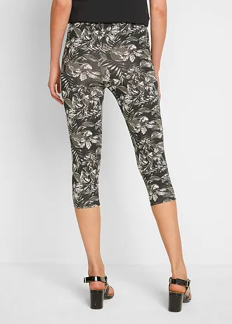Legging 3/4 en coton extensible, Couleur: noir-blanc floral