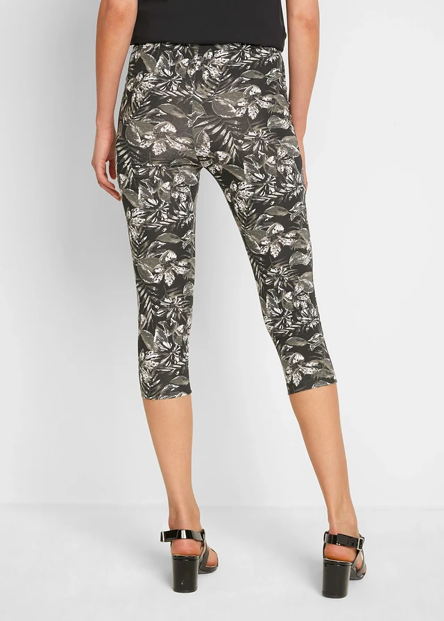 Legging 3/4 en coton extensible, Couleur: noir-blanc floral