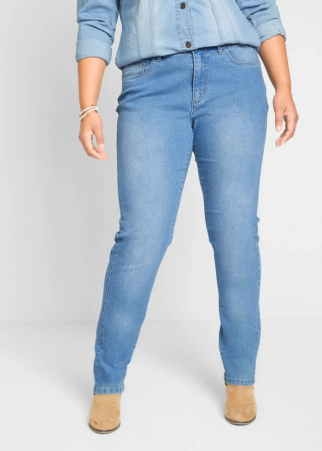 Stretch jeans mid waist, straight, Kleur: lichtblauw denim used