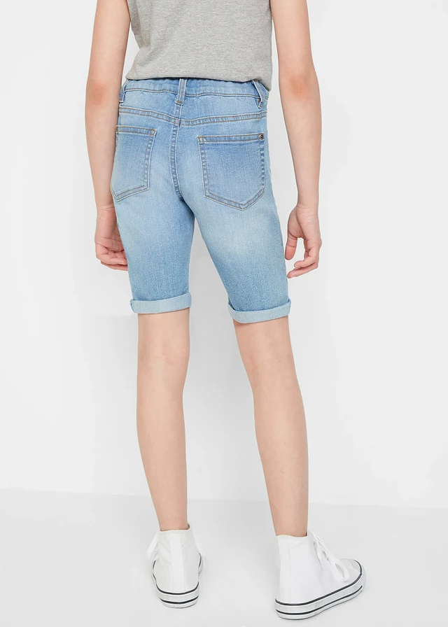 Meisjes stretch jeans short, mid waist, Kleur: blue bleached