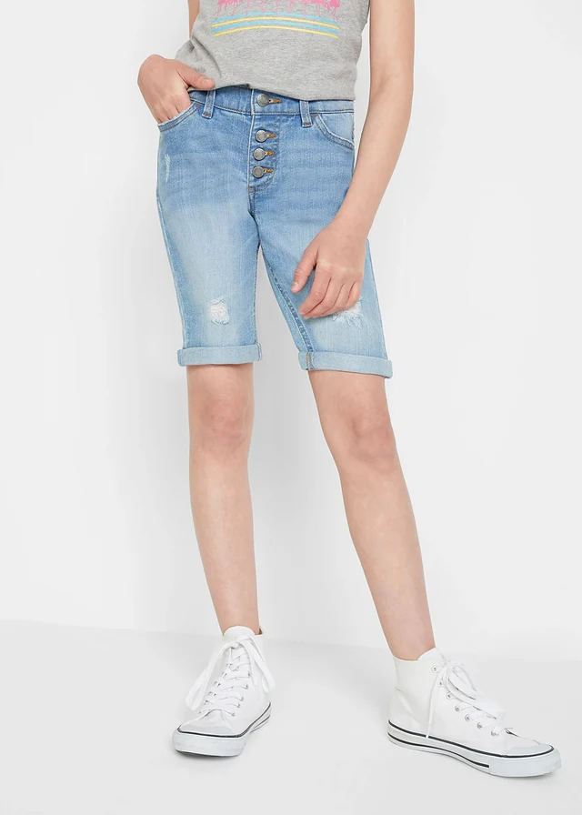 Meisjes stretch jeans short, mid waist, Kleur: blue bleached