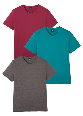 T-shirt met V-hals (set van 3), Kleur: kobaltturkoois+rododendronrood+antraciet gemêleerd