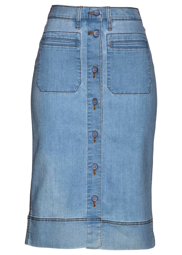 Spijkerrok met knopen, Kleur: blue bleached