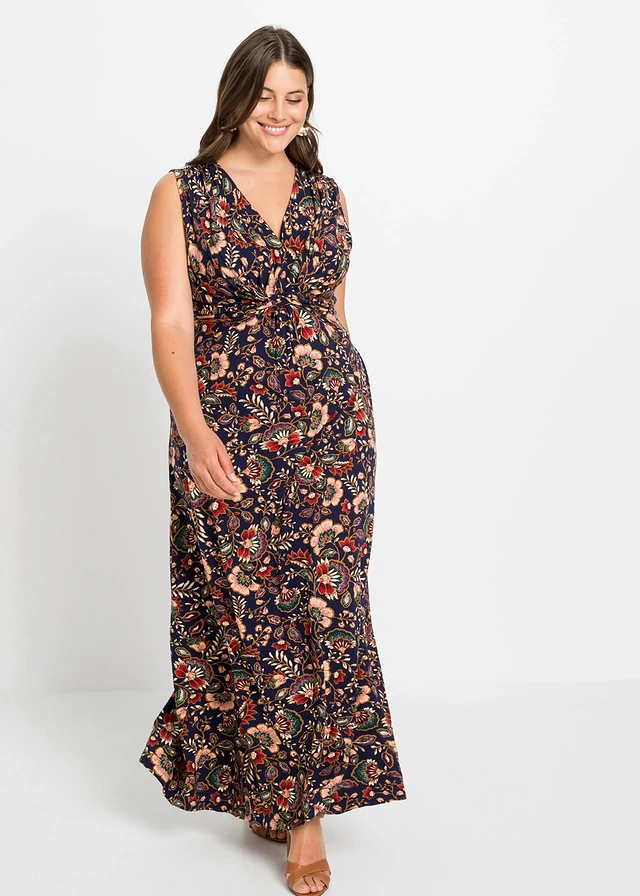 Robe longue en viscose extensible, Couleur: bleu foncé floral