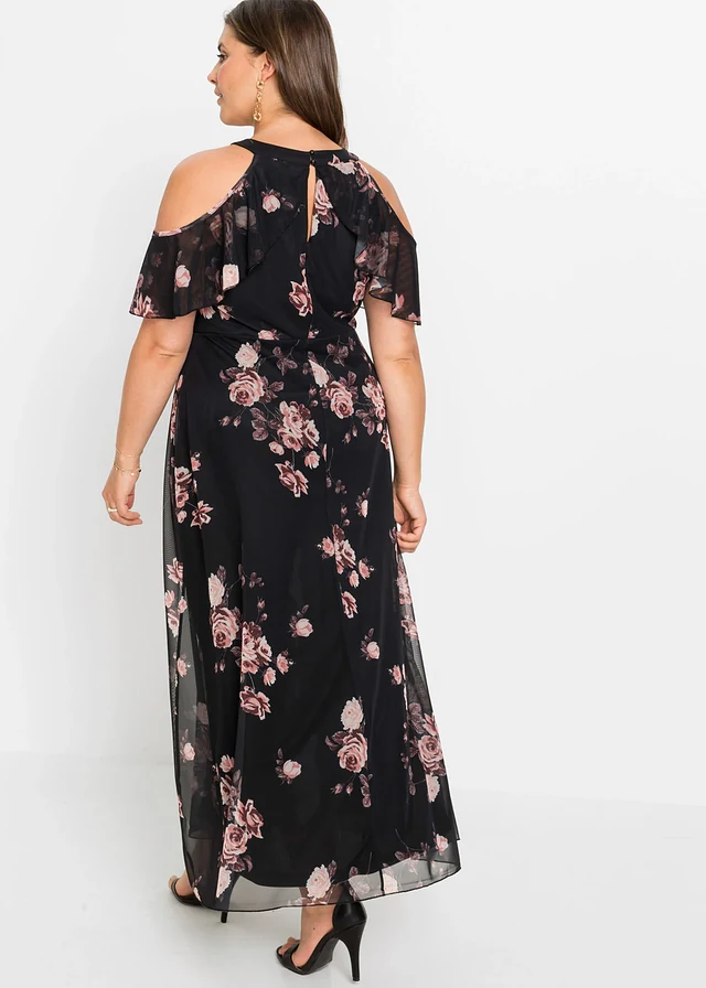 Robe longue en mesh, Couleur: noir floral