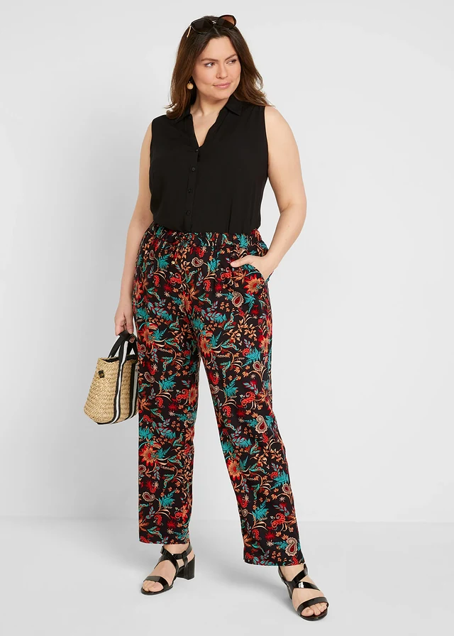 Instapbroek van viscose, Kleur: zwart-chilirood paisley