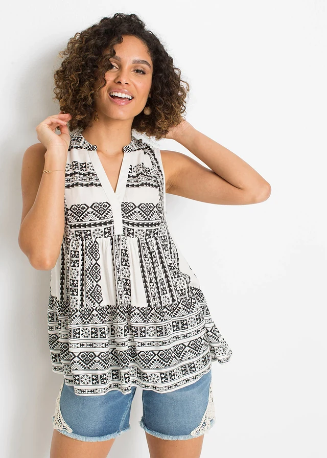 Blouse sans manches en viscose douce, Couleur: noir/écru imprimé