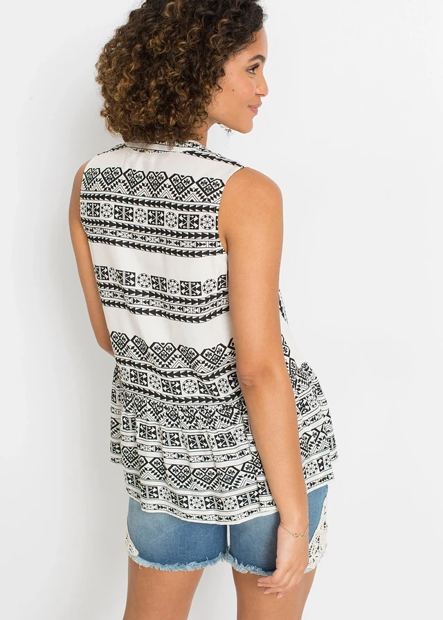Blouse sans manches en viscose douce, Couleur: noir/écru imprimé