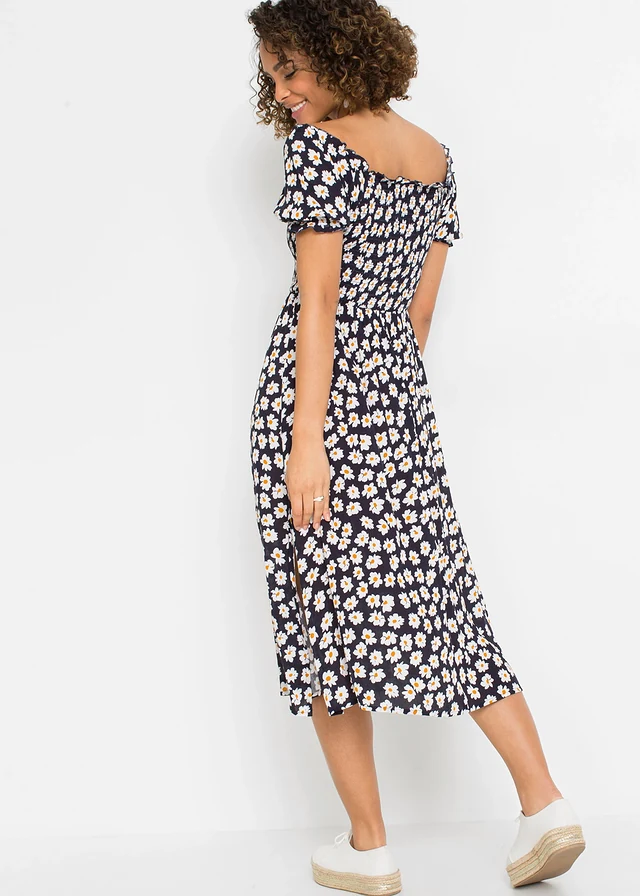 Gedessineerde midi jurk van pure viscose • donkerblauw gebloemd • product-page.page-title-suffix