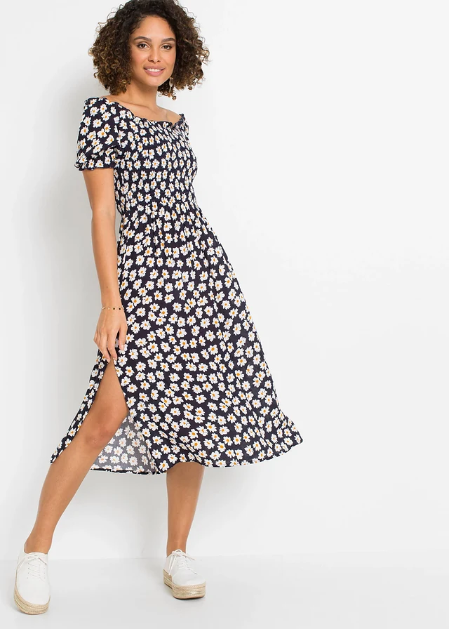 Gedessineerde midi jurk van pure viscose, Kleur: donkerblauw gebloemd