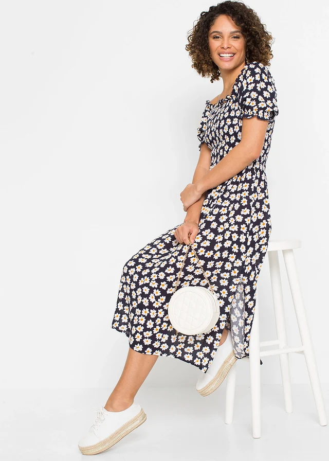 Gedessineerde midi jurk van pure viscose • donkerblauw gebloemd • product-page.page-title-suffix