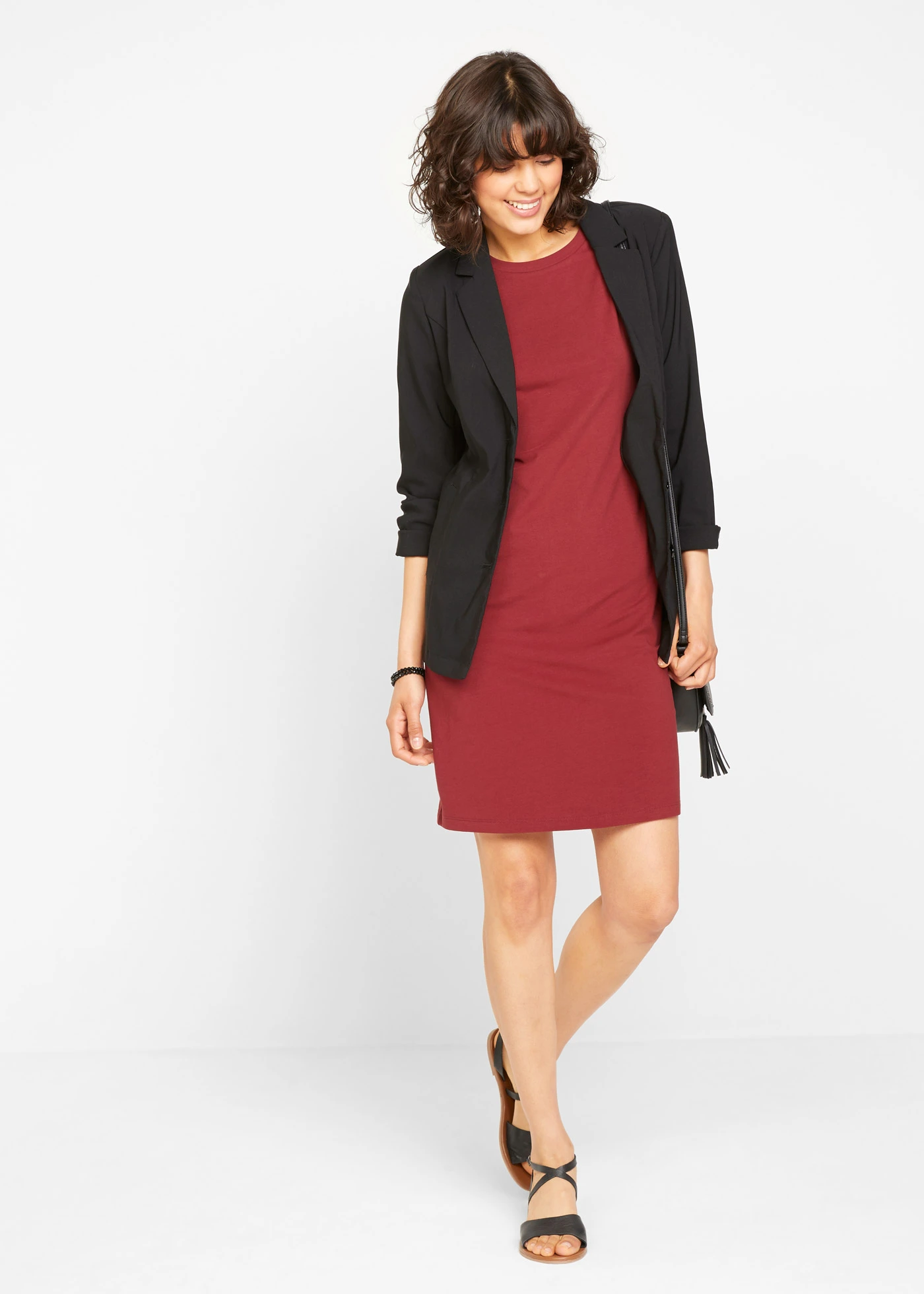 Žerzejové šaty zdůrazňující postavu (2 ks v balení) • antracitový melír + rubínově červená • bonprix obchod