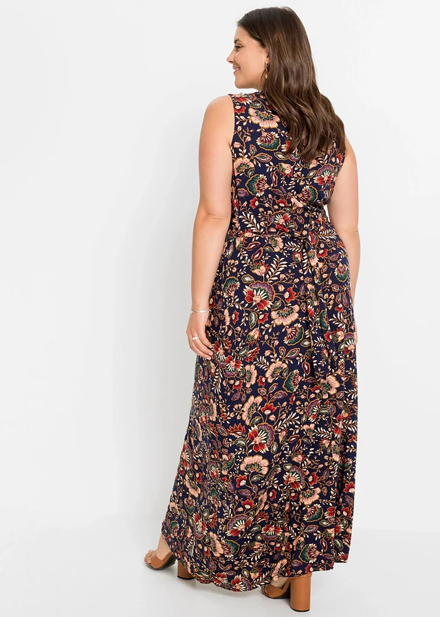 Robe longue en viscose extensible, Couleur: bleu foncé floral