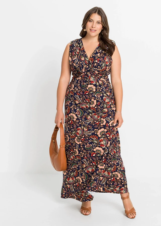 Robe longue en viscose extensible, Couleur: bleu foncé floral