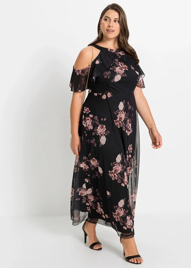 Maxi jurk van mesh, Kleur: zwart gebloemd