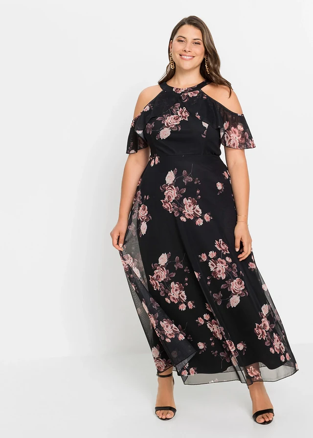 Robe longue en mesh, Couleur: noir floral