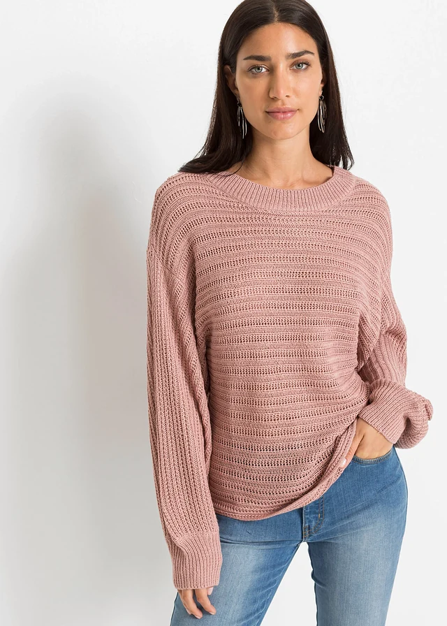 Pull oversize en maille ajourée, Couleur: rose vintage