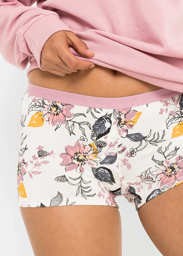 Lot de 4 boxers femme coton avec boutons • écru imprimé + vieux rose + bleu nuit • Boutique bonprix
