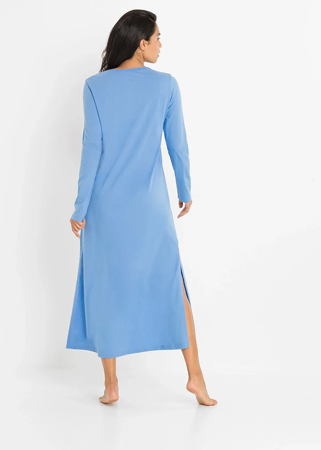 Chemise de nuit longue 100% coton, Couleur: bleu moyen imprimé