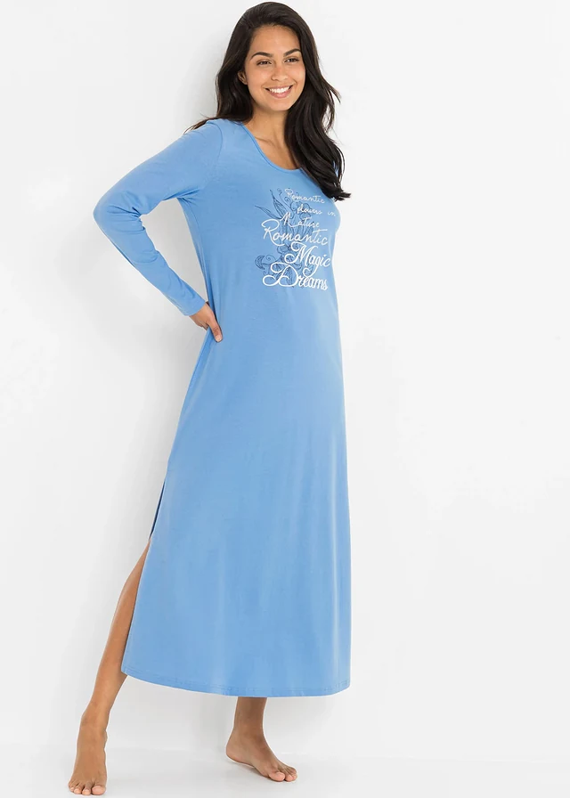 Chemise de nuit longue 100% coton, Couleur: bleu moyen imprimé