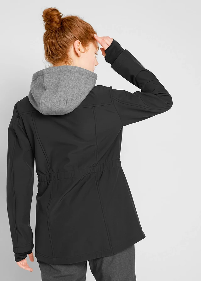 Lange softshell jas in layerlook, waterafstotend, Kleur: zwart