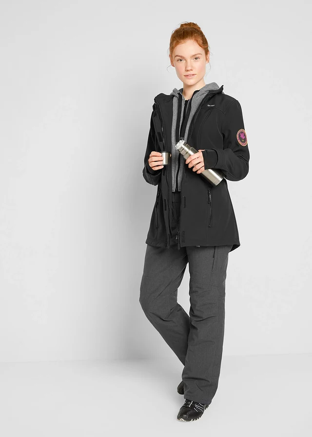 Lange softshell jas in layerlook, waterafstotend, Kleur: zwart