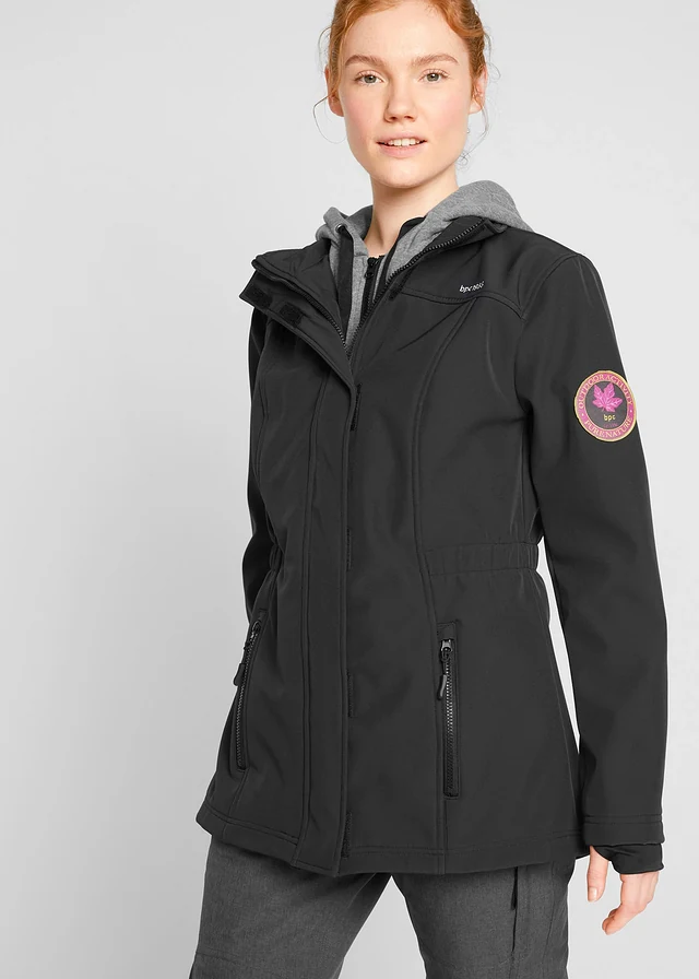 Veste longue en softshell déperlant, style 2 en 1, Couleur: noir