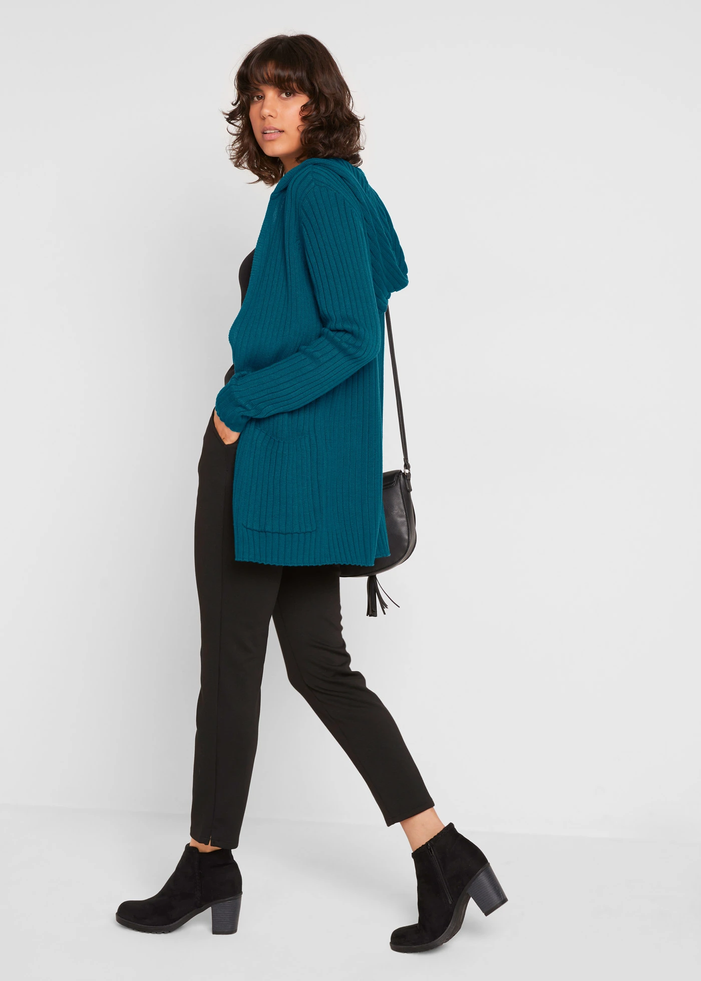 Pletený kabátek s kapucí • petrolejová • bonprix obchod