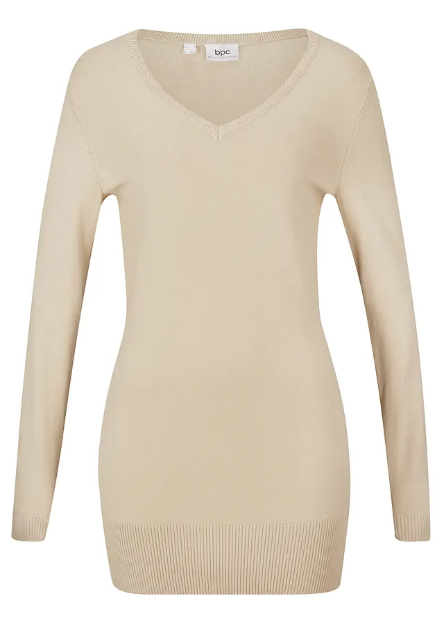 Pull long basique en fine maille à col V, Couleur: sable clair