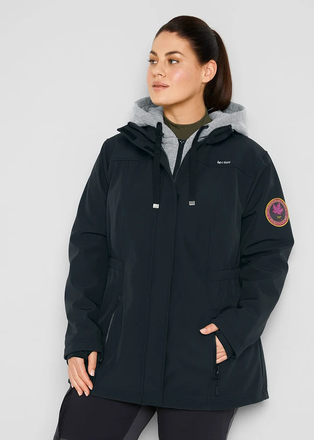 Veste longue en softshell déperlant, style 2 en 1, Couleur: noir