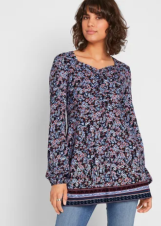 Tunique en jersey coton et viscose, Couleur: bleu foncé floral