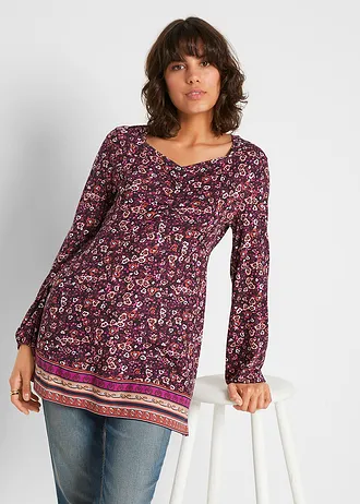 Shirt tuniek met bloemenmotief, Kleur: zwart-vlierbes-donkerblauw-roestkleur-wolwit-beige poudre-bessen-violetorchidee