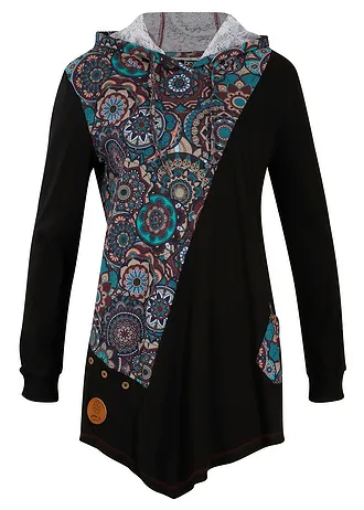 T-shirt à capuche 100% coton • noir imprimé • Boutique bonprix