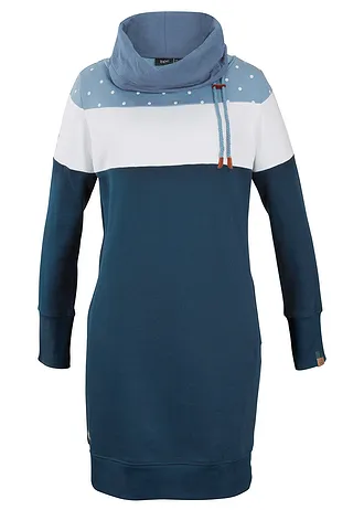 Mikinové šaty s velkým límcem, barva: puntíkované tmavě modrá