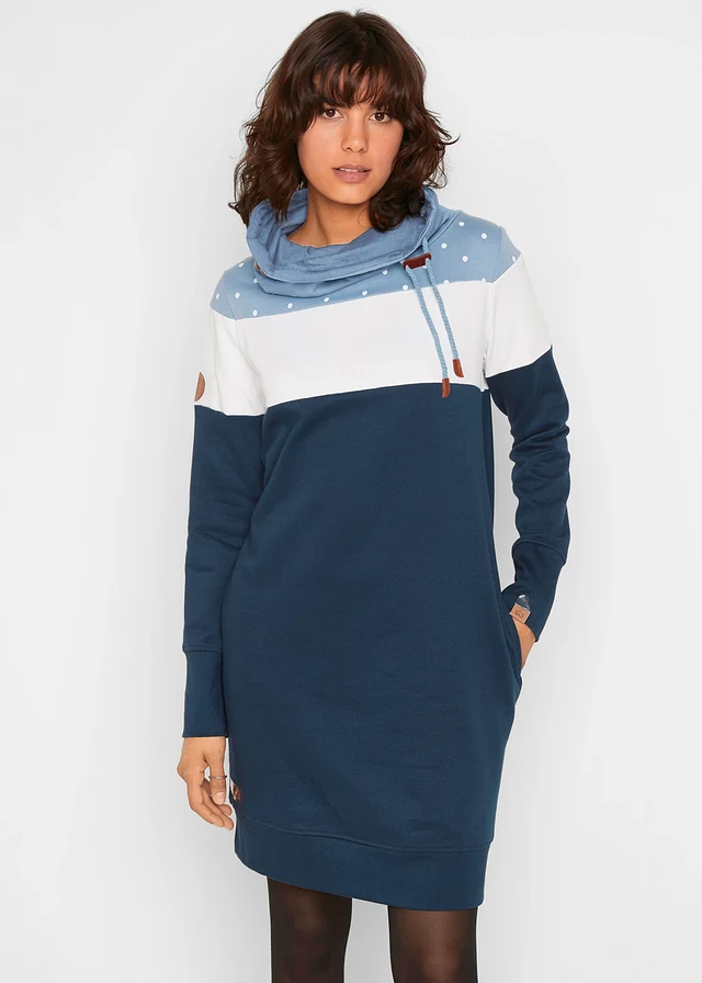 Robe en molleton 100% coton, Couleur: bleu foncé à pois