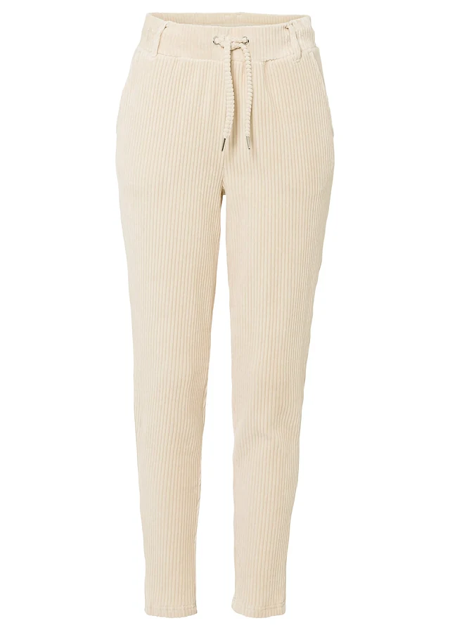 Broek in corduroy look met elastische band, Kleur: sandbeige