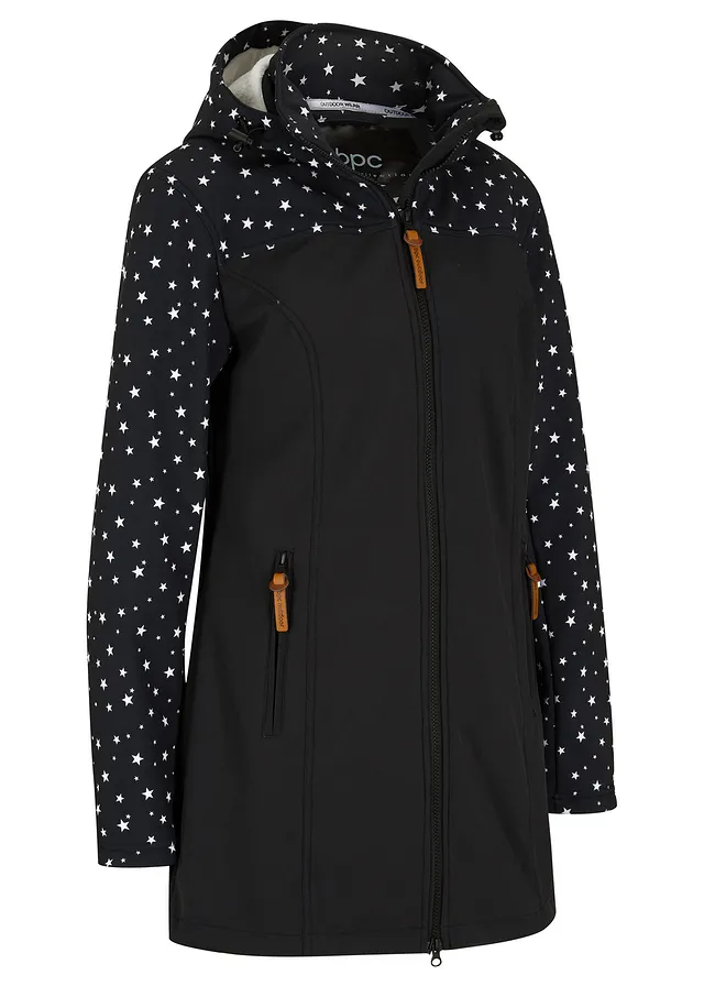 Outdoor softshell parka met teddy fleece, Kleur: zwart gedessineerd