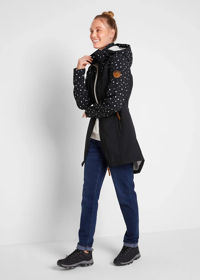 Parka en softshell technique avec doublure polaire douillette, Couleur: noir imprimé