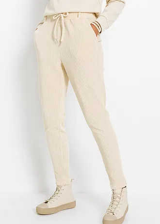 Broek in corduroy look met elastische band, Kleur: sandbeige