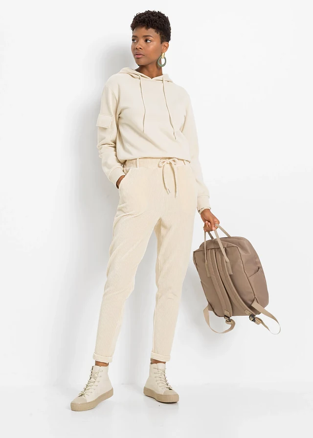 Broek in corduroy look met elastische band • sandbeige • product-page.page-title-suffix