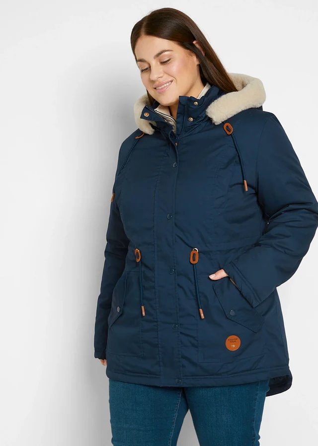 Parka rembourrée avec bordure sherpa, Couleur: bleu foncé