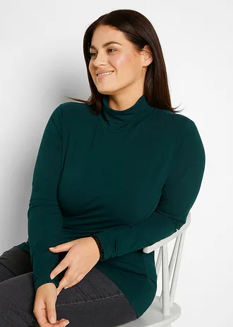 Longsleeve met col in een katoenmix (set van 2), Kleur: diepgroen+wit