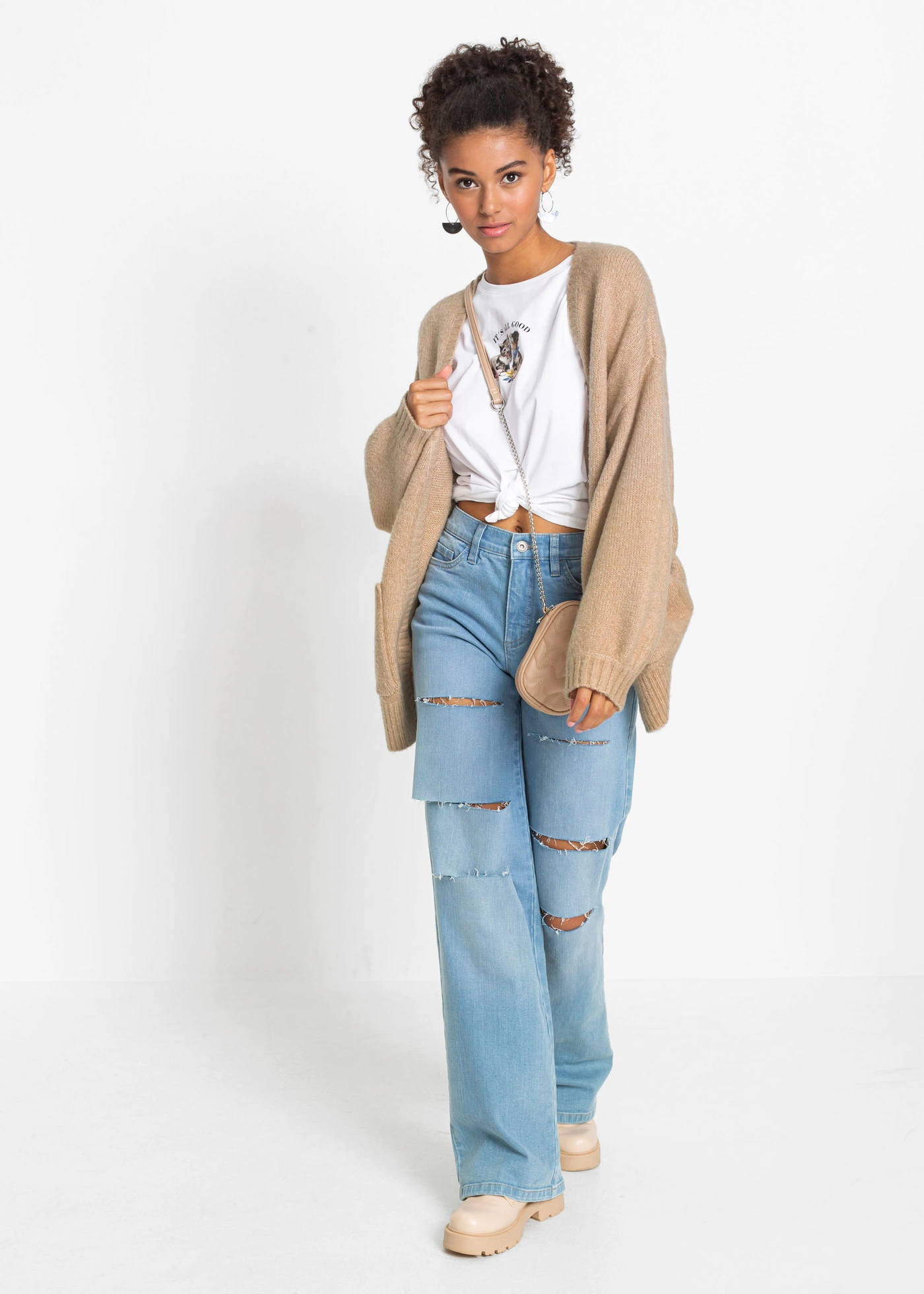 Kardigan oversize • beżowy melanż • sklep bonprix