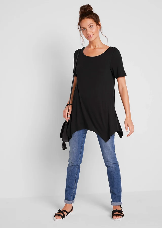 T-shirt long à pans, manches courtes, Couleur: noir