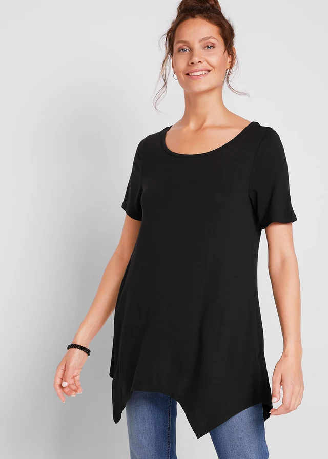 T-shirt long à pans, manches courtes, Couleur: noir