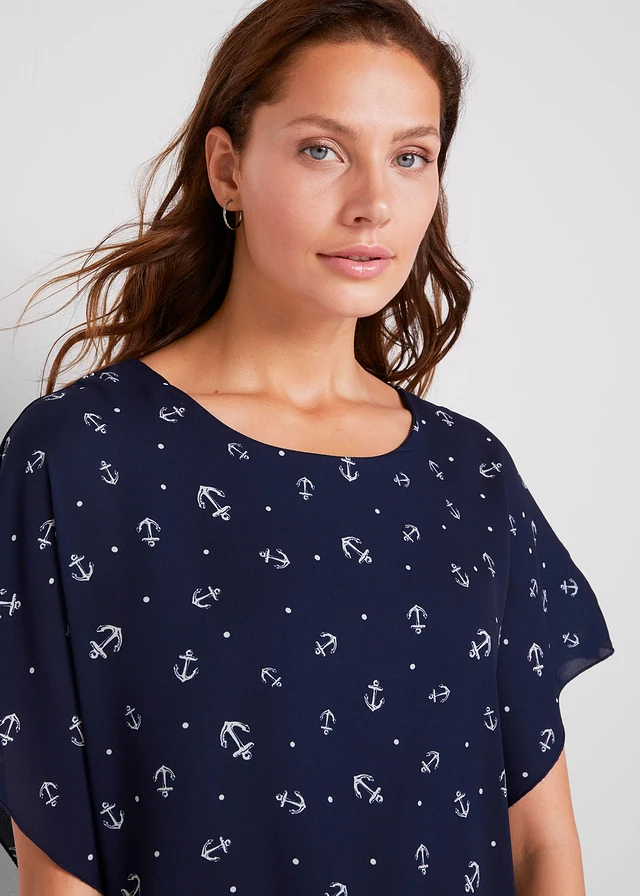 Blouse van crêpe georgette, korte mouw • donkerblauw/wit • product-page.page-title-suffix